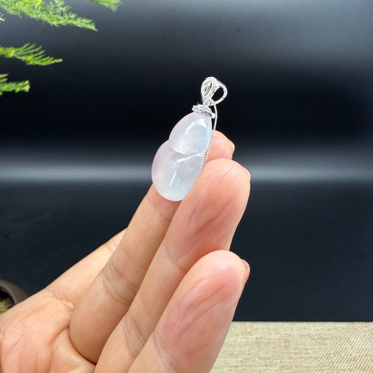 Genuine Icy Jadeite Jade Good Luck Hulu Necklace With 18K White Gold Diamonds Bail