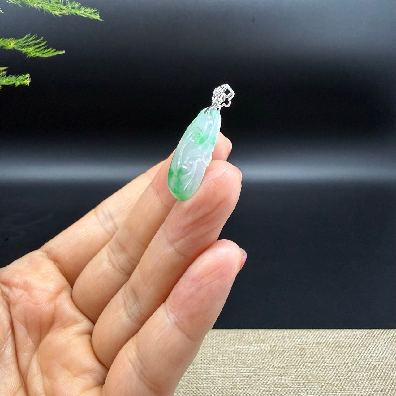 RealJade® Co. Genuine Icy Spicy Green Jadeite Jade Good Luck RuYi  Necklace With 18K White Gold Diamonds Bail