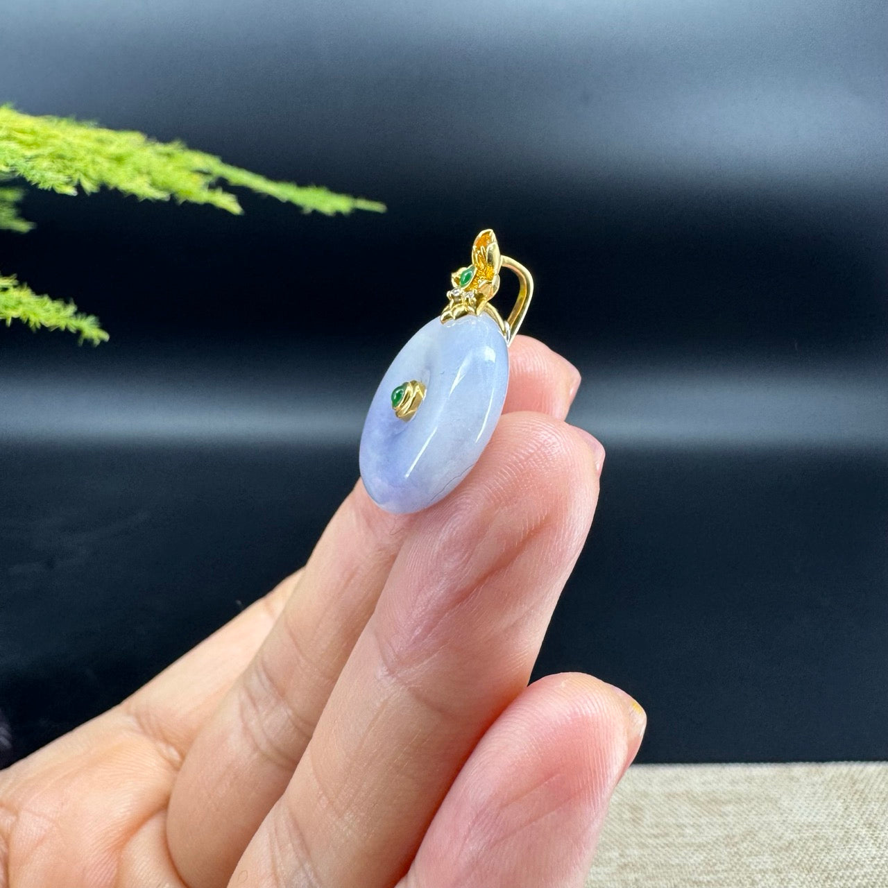 "Good Luck Button"Ice Lavender Jadeite Jade Lucky KouKou Pendant With 18K Yellow Gold Diamond Bail