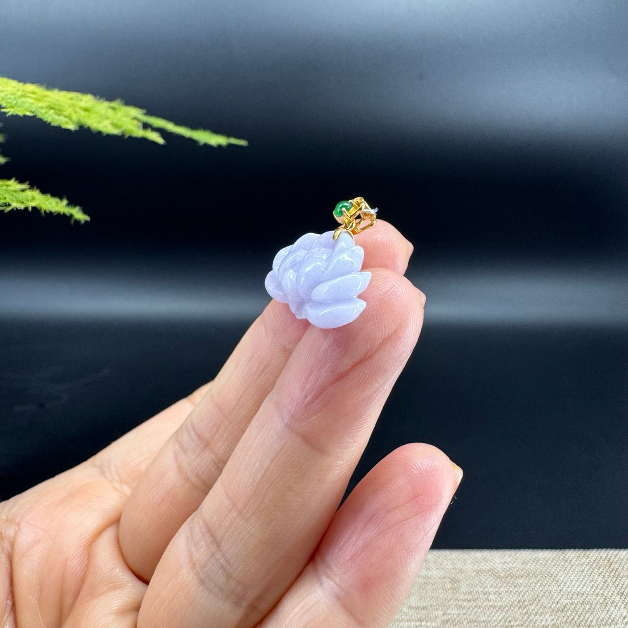 RealJade® Co. Genuine Lavender Jadeite Jade Good Lotus  Necklace With 18K Yellow Gold Bail