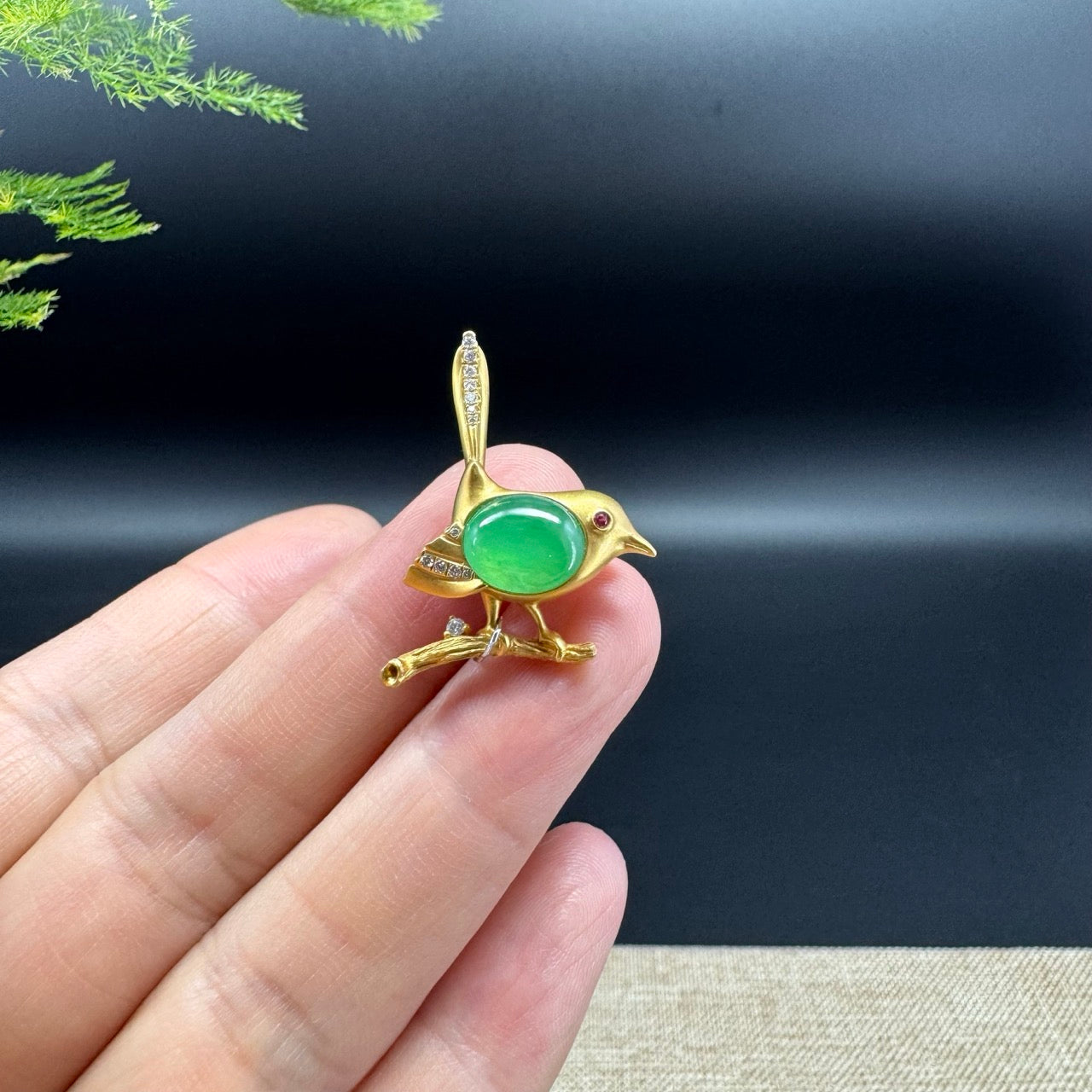 RealJade® "Lucky Bird Oval Jade" 18k Yellow Gold Green Jade Classic Pendant & Brooch Necklace