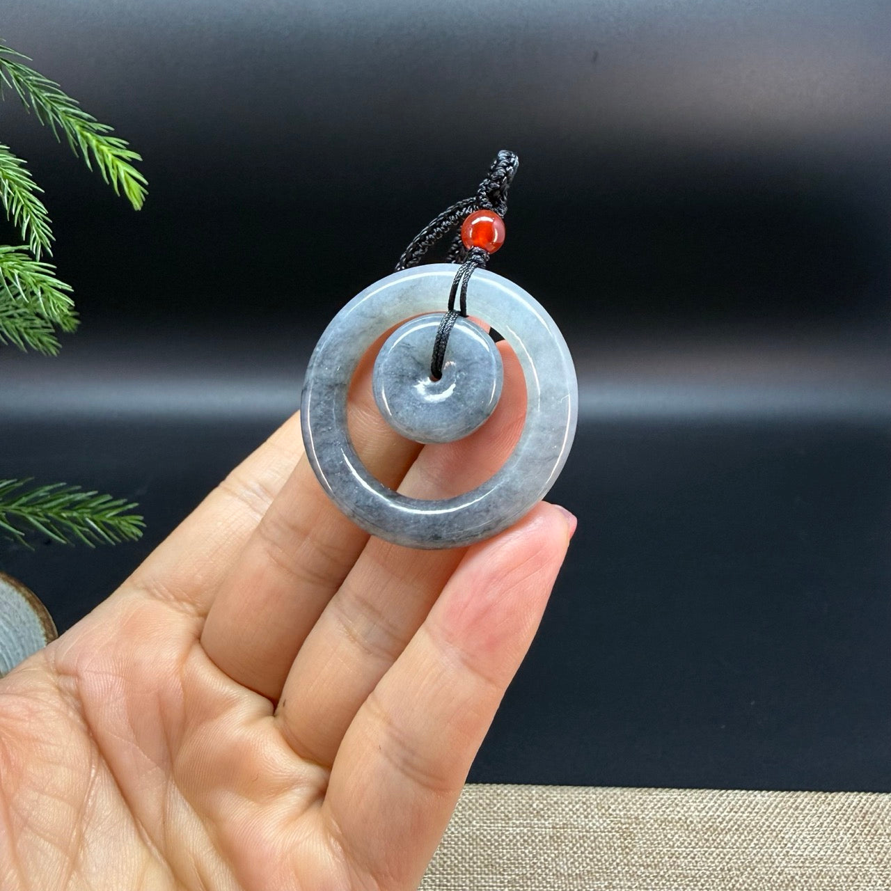 "Good Luck Button" Black Wuji Jadeite Jade Lucky KouKou Pendant