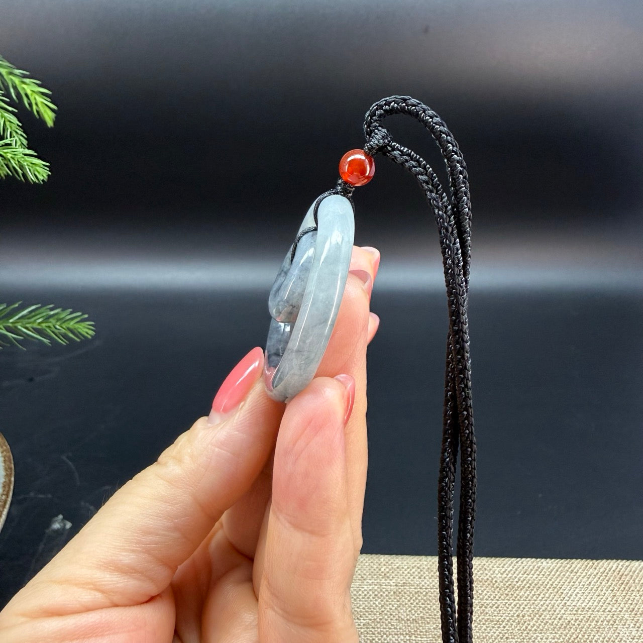 "Good Luck Button" Black Wuji Jadeite Jade Lucky KouKou Pendant