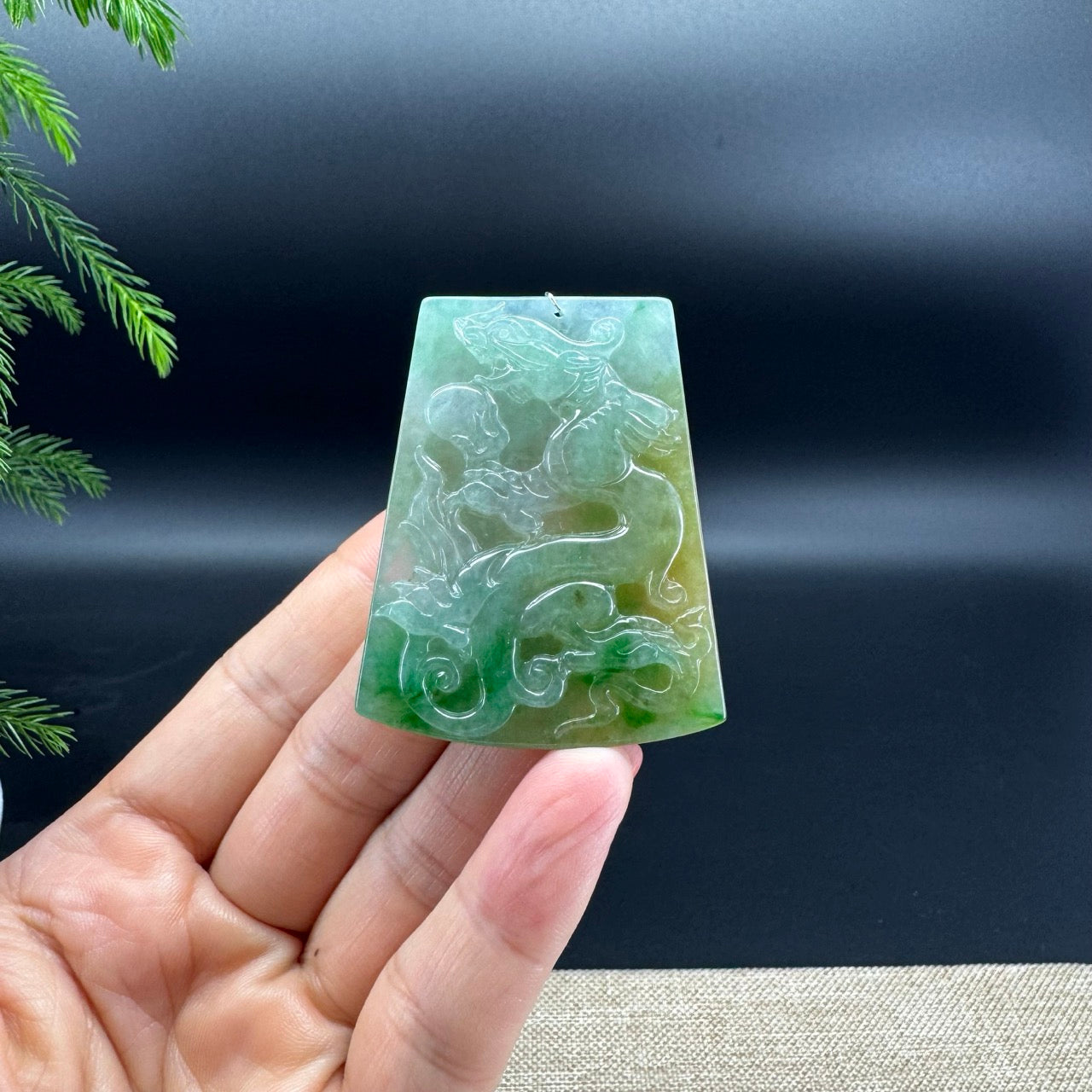 RealJade® Co. High Natural Yellow Green Jadeite Jade Dragon Pendant