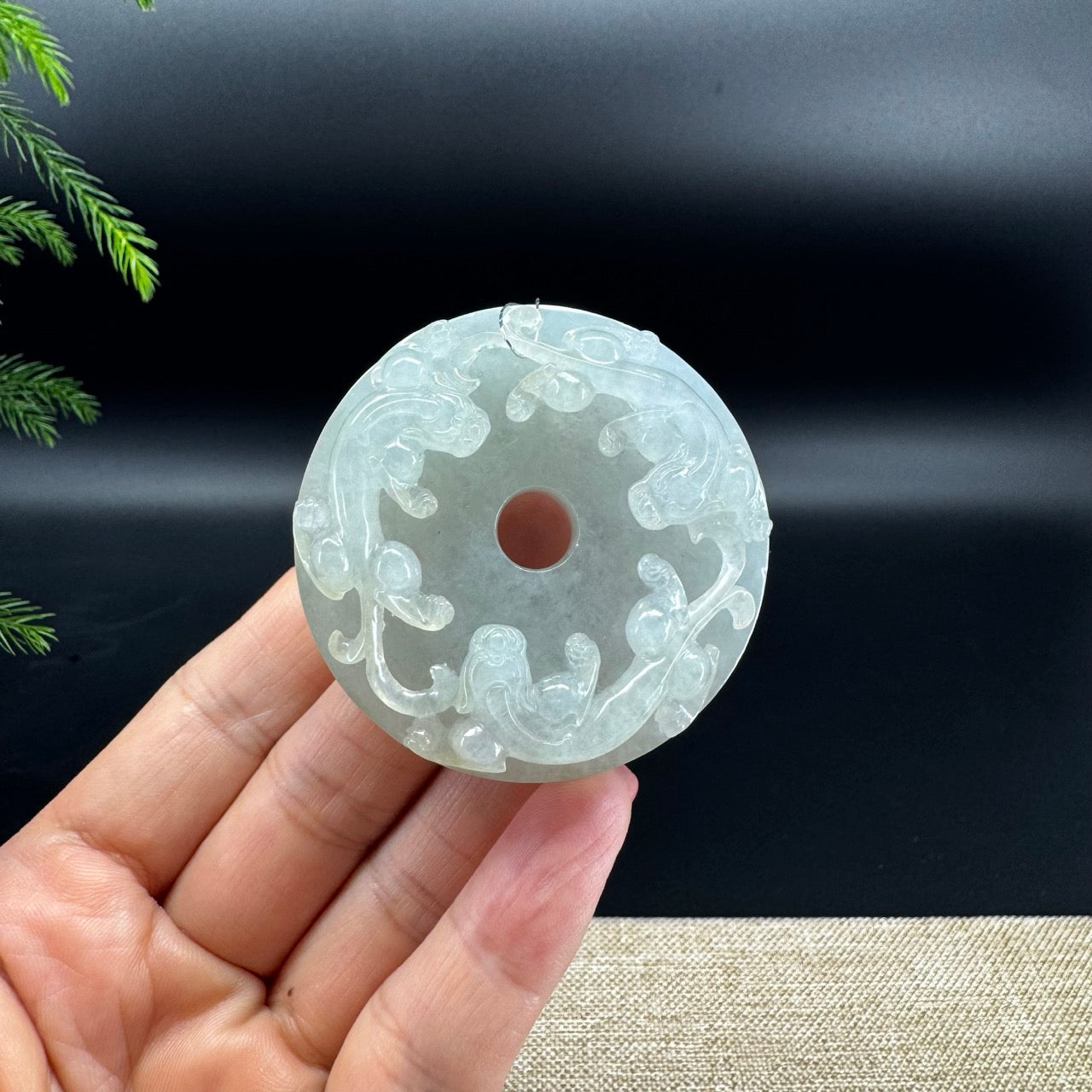 RealJade® Co. Natural Light Green Jadeite Jade Dragons Round Pendant