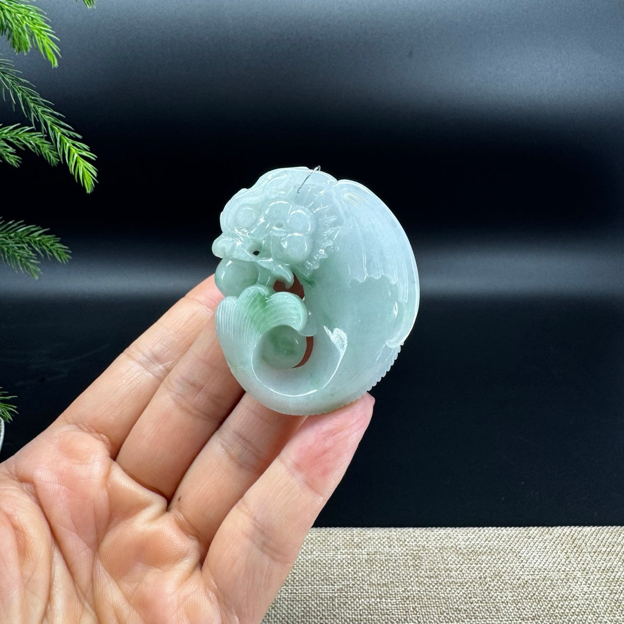 RealJade® Co. Natural White Green Jadeite Jade Dragonfish Pendant