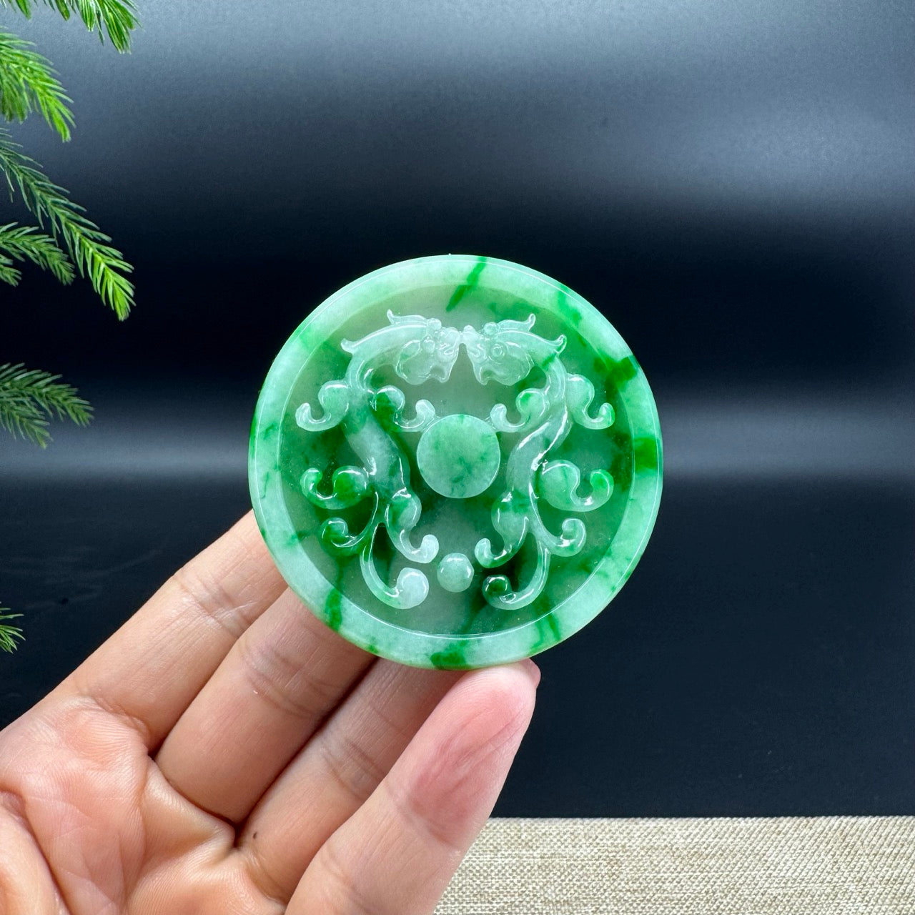 RealJade® Co. High Natural Spicy Green Jadeite Jade Double Dragon Round Pendant