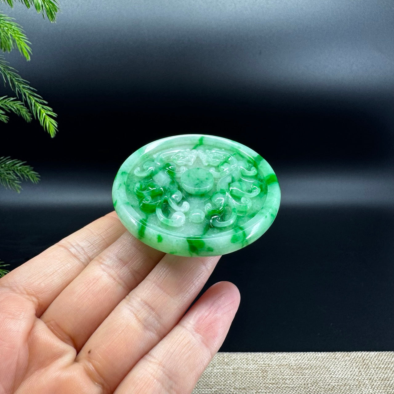 RealJade® Co. High Natural Spicy Green Jadeite Jade Double Dragon Round Pendant