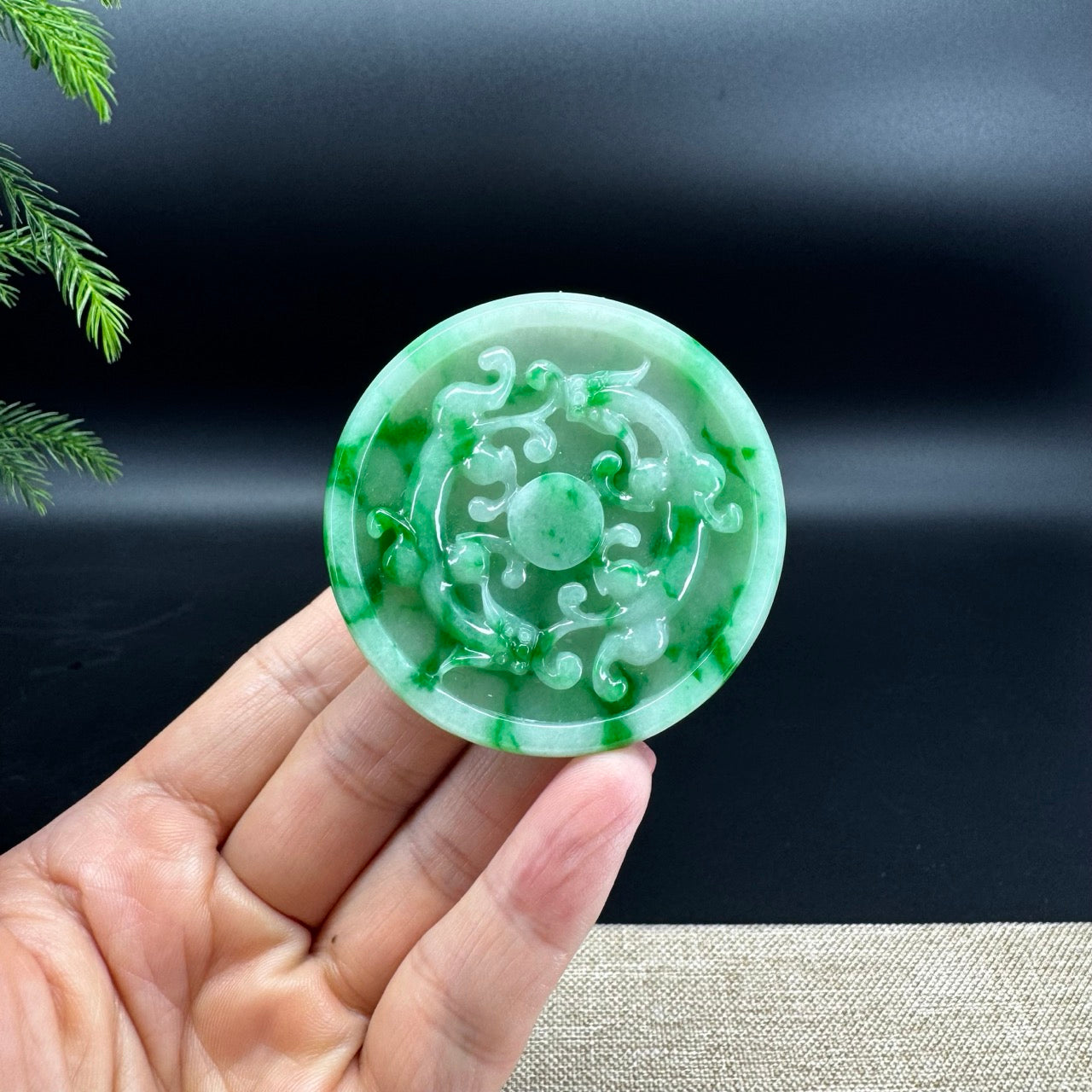 RealJade® Co. High Natural Spicy Green Jadeite Jade Double Dragon Round Pendant