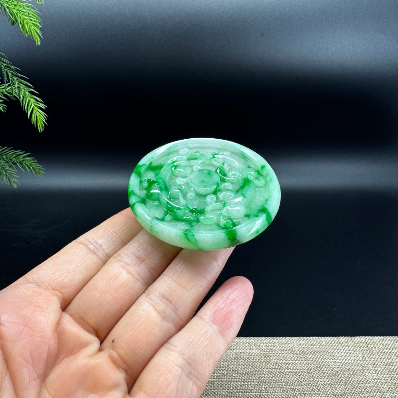 RealJade® Co. High Natural Spicy Green Jadeite Jade Double Dragon Round Pendant