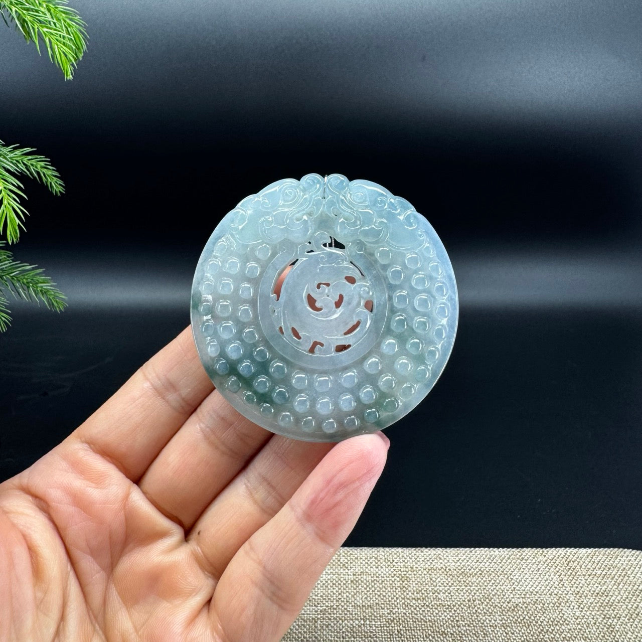 RealJade® Co. Natural Icy Blue Jadeite Jade Dragons Round Pendant