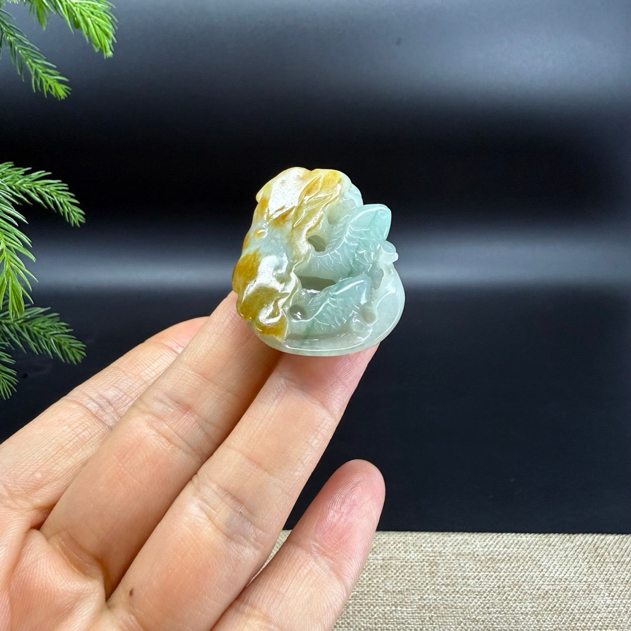 RealJade® Co.Natural Yellow Green Jadeite Jade Fishes & Lotus Pendant