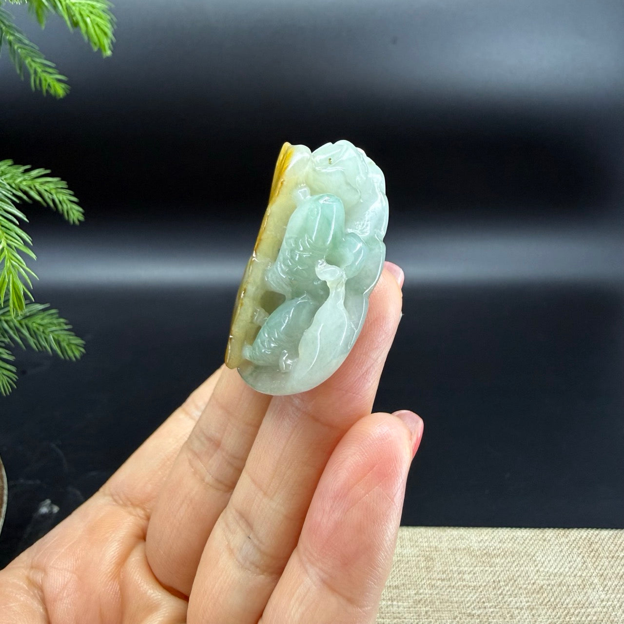 RealJade® Co.Natural Yellow Green Jadeite Jade Fishes & Lotus Pendant