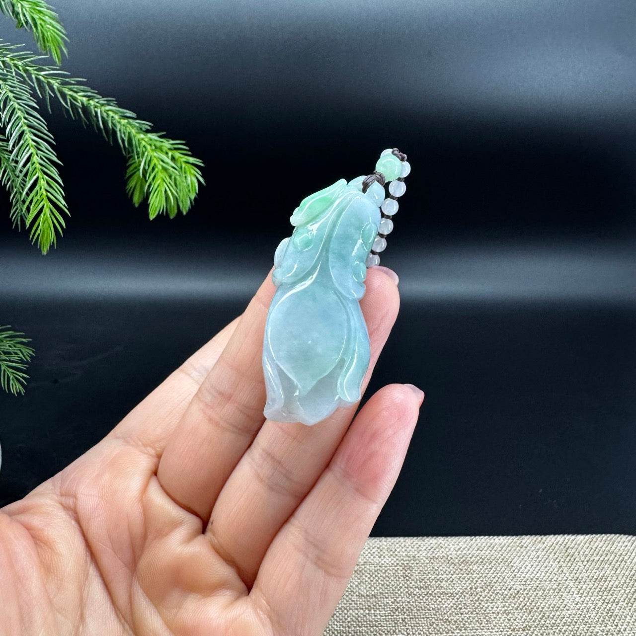 RealJade® Co.Natural Ocean Blue Green Jadeite Jade Magnolia Flower Pendant