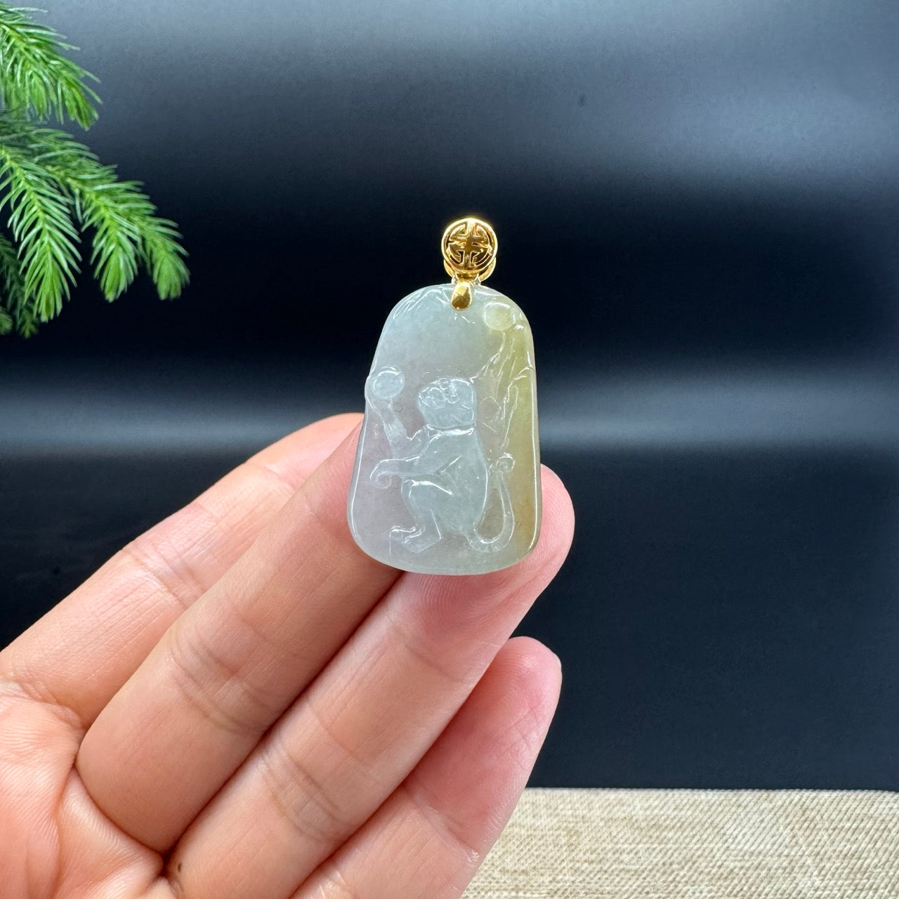 RealJade® co.: 18k Yellow Gold Natural Yellow Green Jadeite Jade Monkey Pendant Necklace