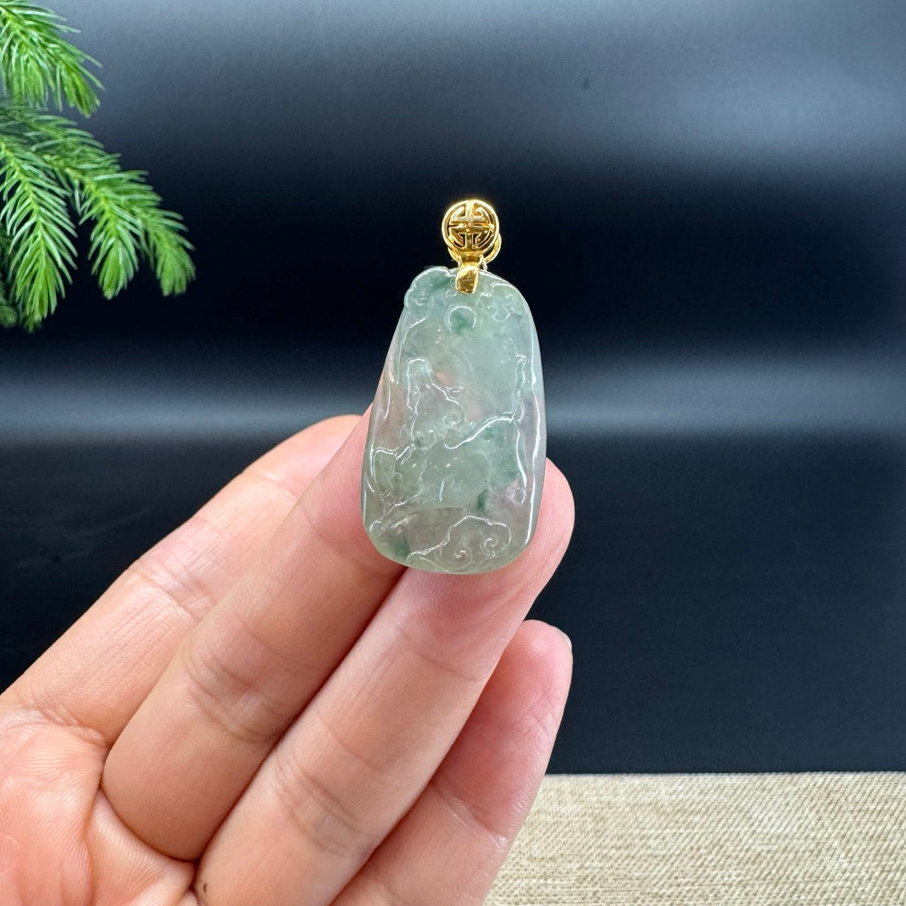 RealJade® co.: 18k Yellow Gold Natural Icy Green Jadeite Jade Ox Pendant Necklace