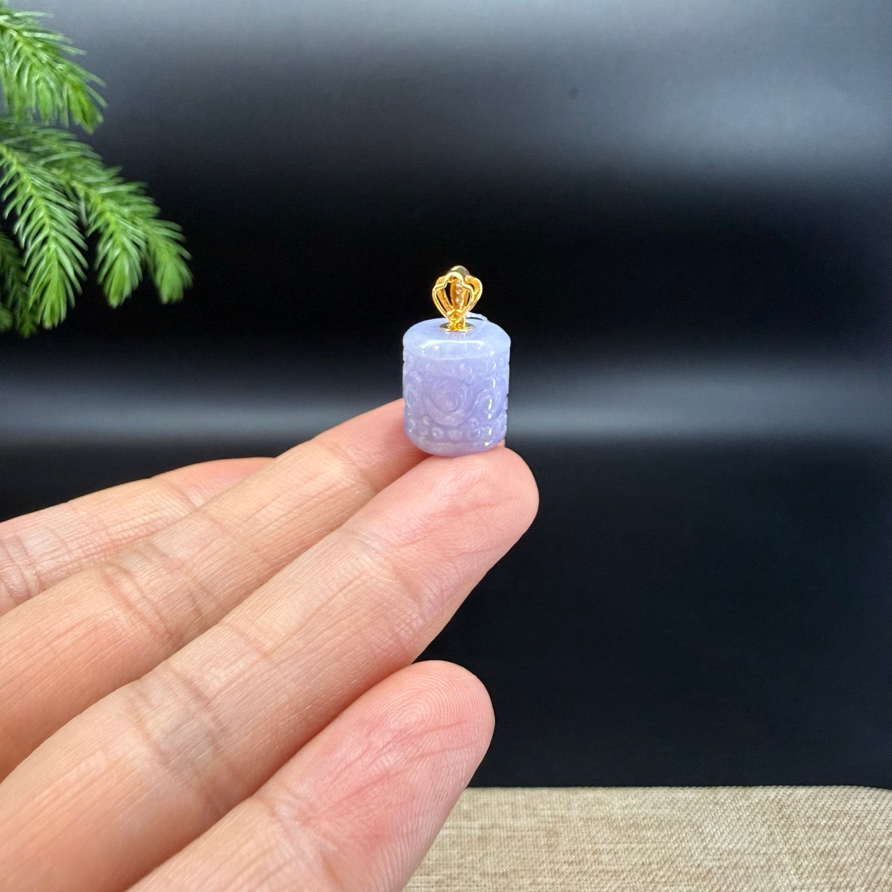 "Good Luck Button"Lavender Jadeite Jade "TongTong" Pendant With 18K Yellow Gold Bail