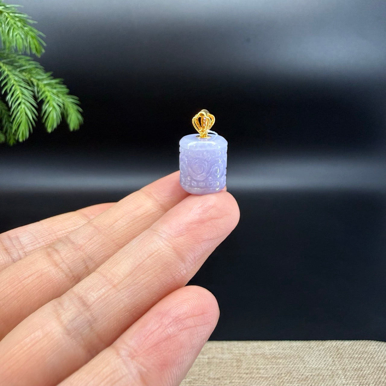 "Good Luck Button"Lavender Jadeite Jade "TongTong" Pendant With 18K Yellow Gold Bail