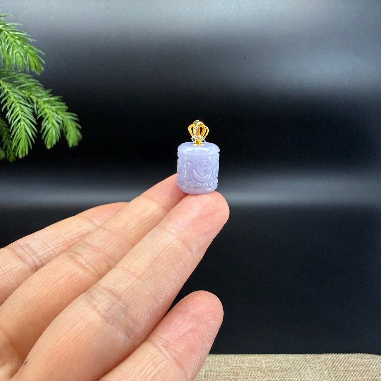 "Good Luck Button"Lavender Jadeite Jade "TongTong" Pendant With 18K Yellow Gold Bail