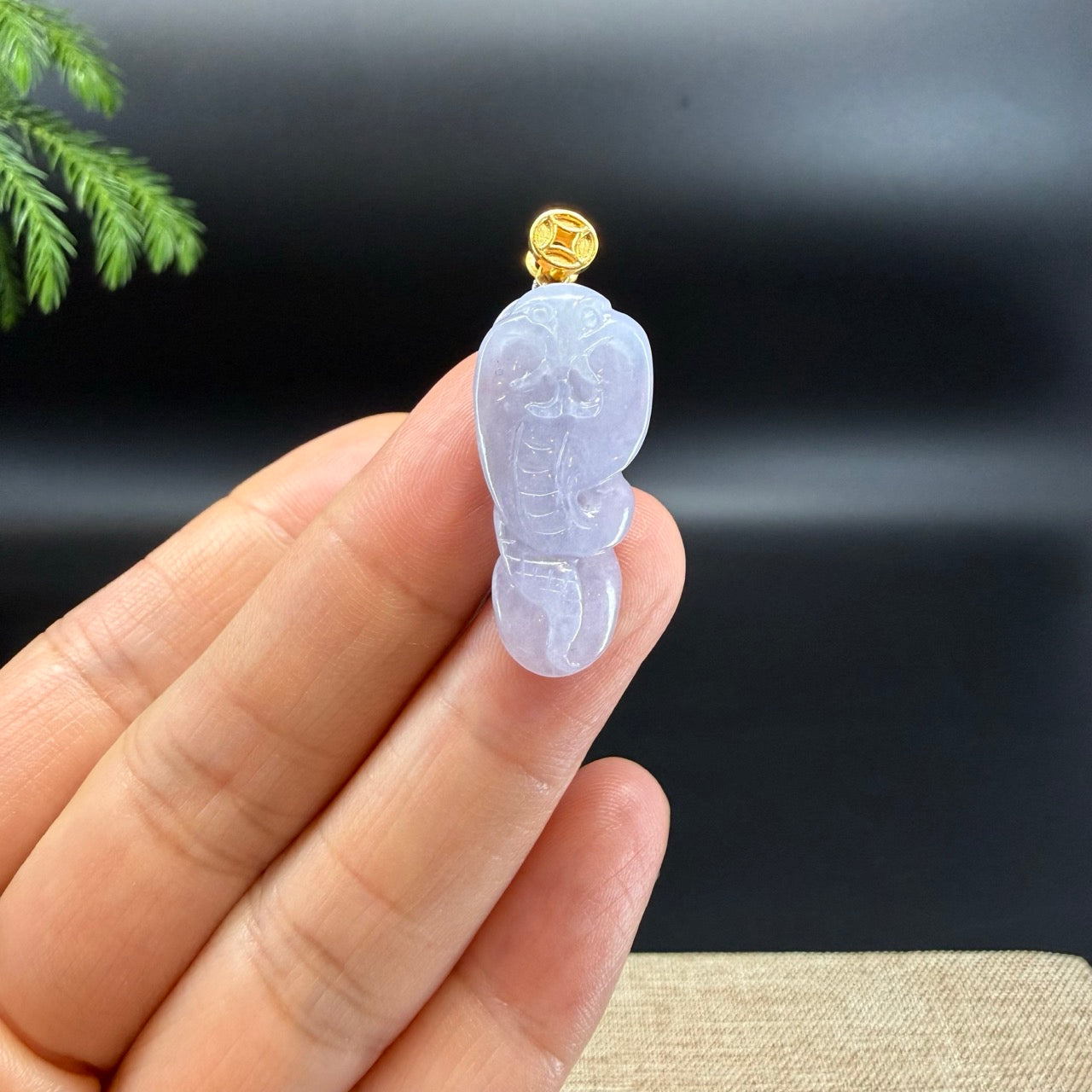 Genuine Light Lavender Jadeite Jade Cobra Necklace With 18K Yellow Gold Bail