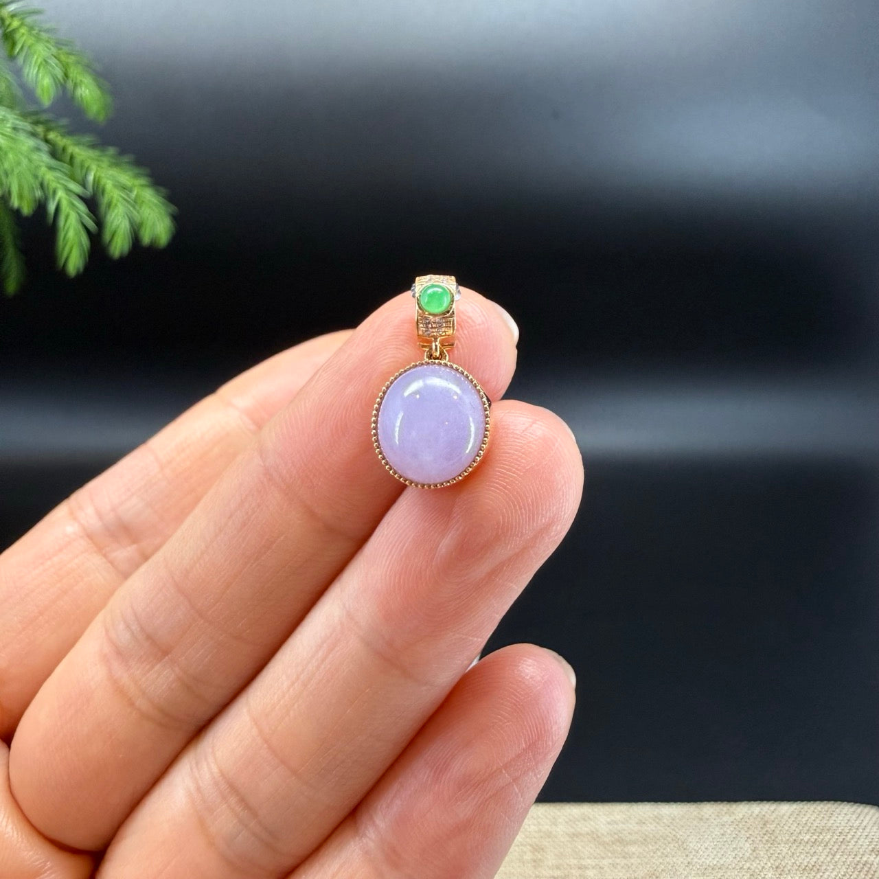 RealJade® Co.Genuine Lavender Jadeite Jade Cabochon Necklace With 18K Yellow Gold