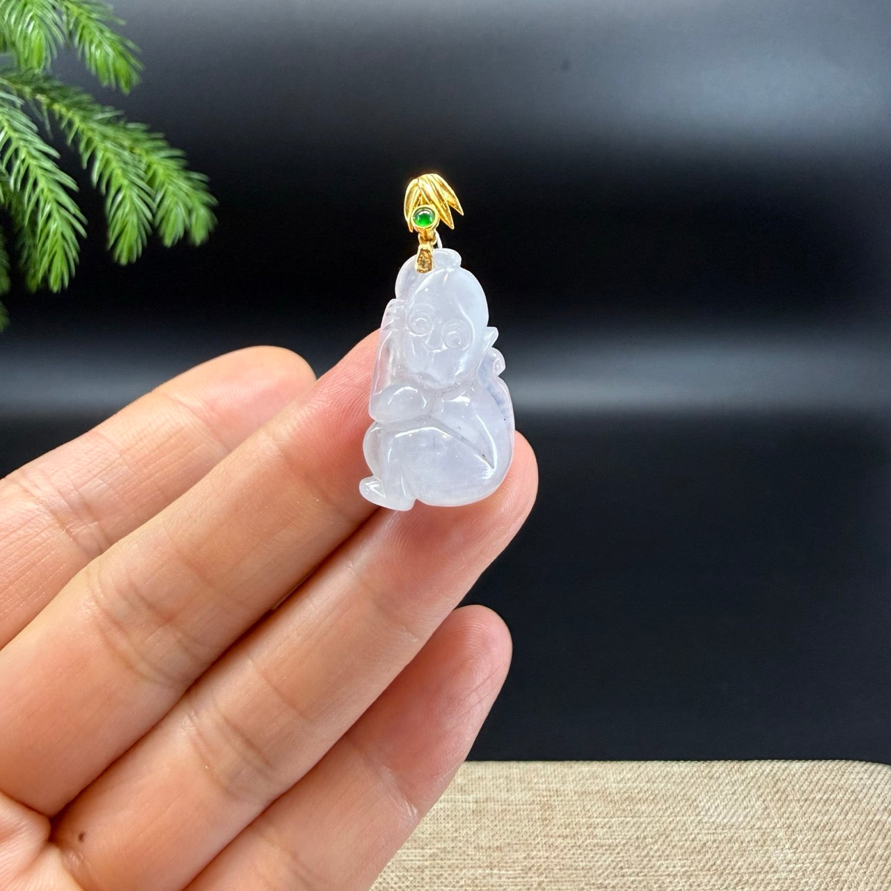RealJade®  co: 18k Yellow Gold Light Lavender Monkey Pendant Necklace