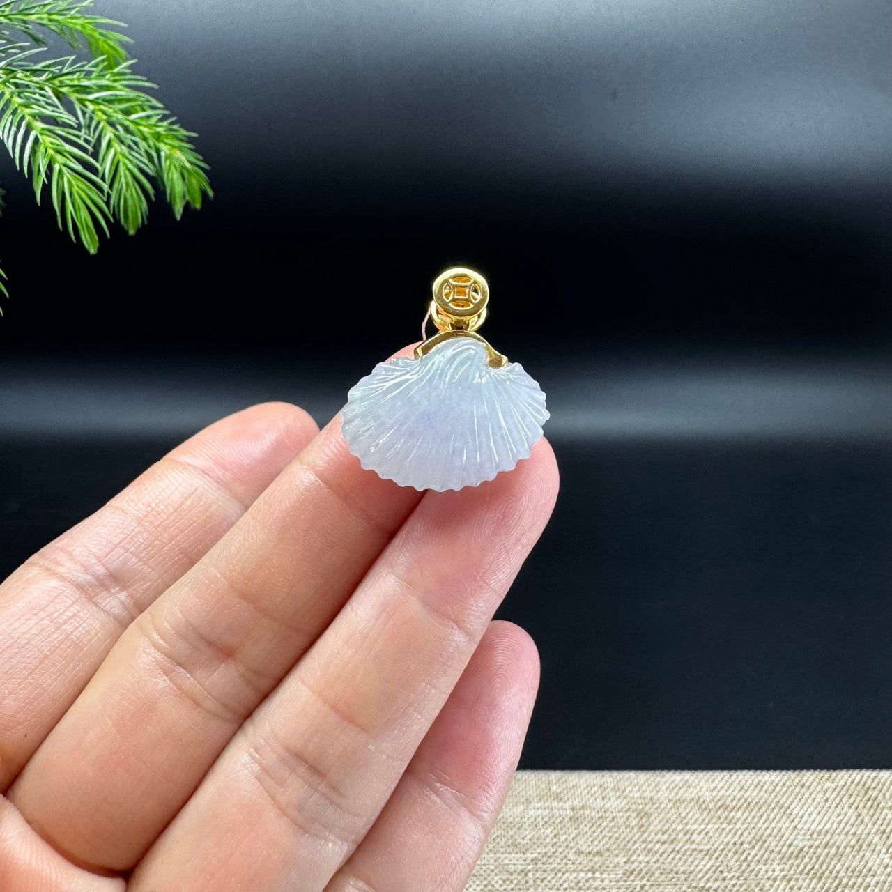 RealJade® Co. 18K Yellow Gold Genuine Burmese Moonlight Jadeite Jade Shell Pendant Necklace
