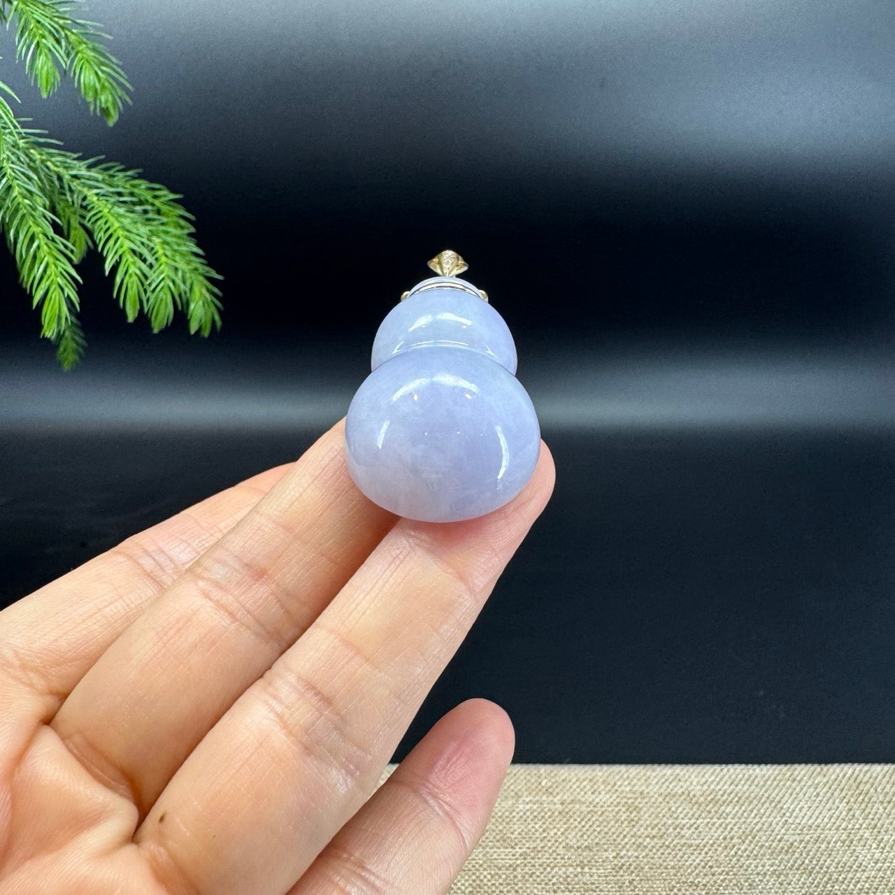 Genuine Blue Lavender Jadeite Jade Hulu Necklace With 14K Yellow Gold Diamonds Bail
