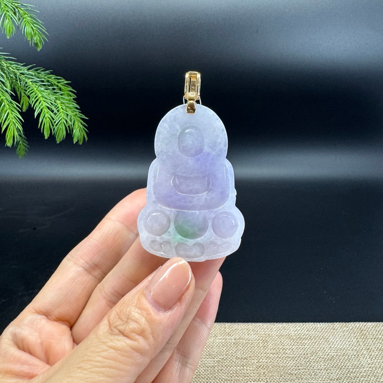 14K Yellow Gold  Burmese Natural Lavender Green Jadeite Jade Guanyin Pendant