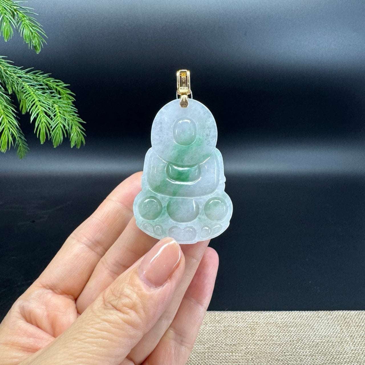 Natural Burmese 14K Yellow Gold Light Green Jadeite Jade Guanyin Pendant
