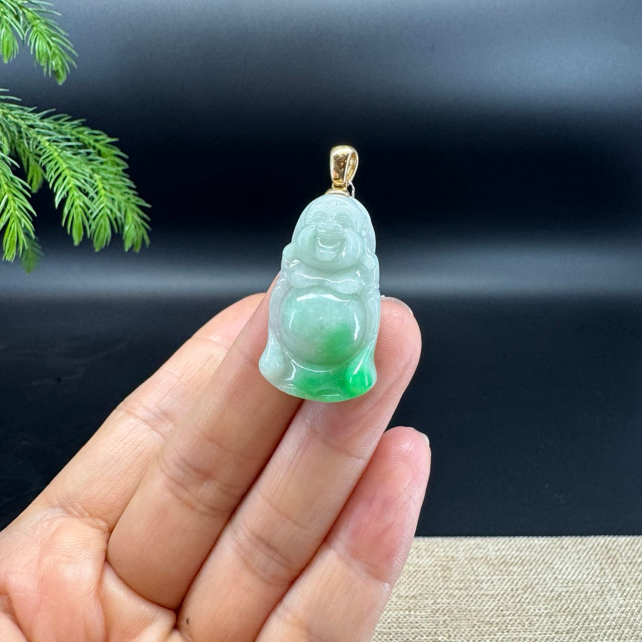 14K Yellow Gold Burmese White Green(BDQ) Jadeite Jade Happy Buddha Pendant