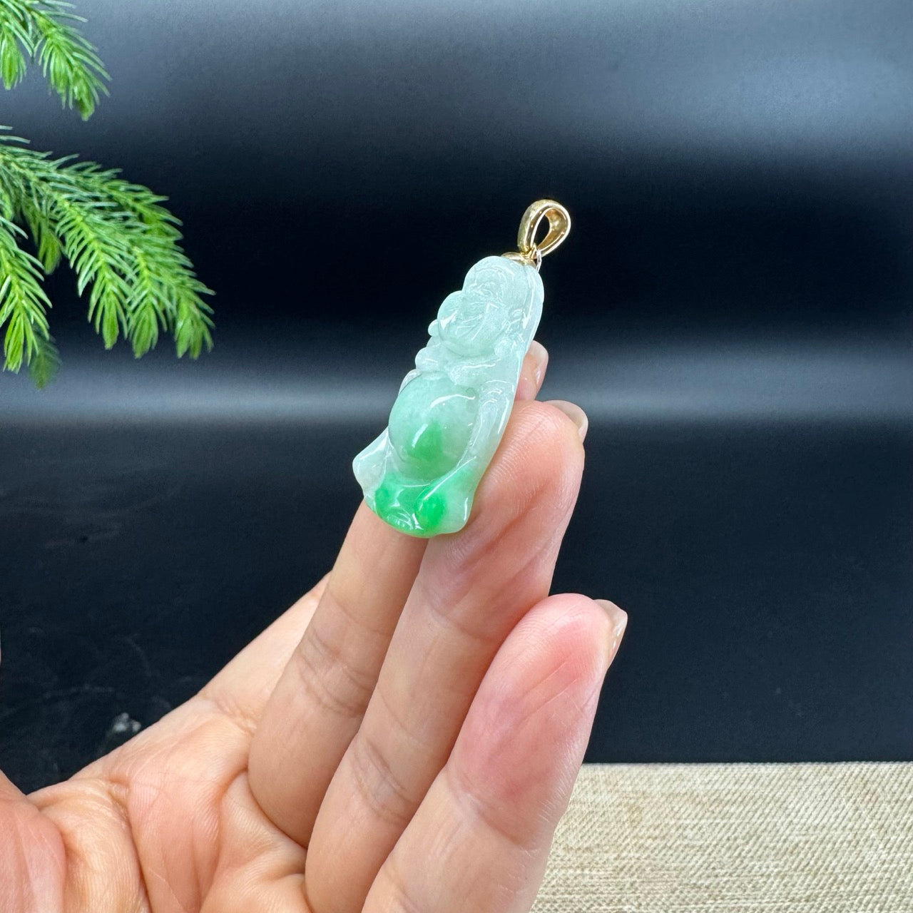 14K Yellow Gold Burmese White Green(BDQ) Jadeite Jade Happy Buddha Pendant