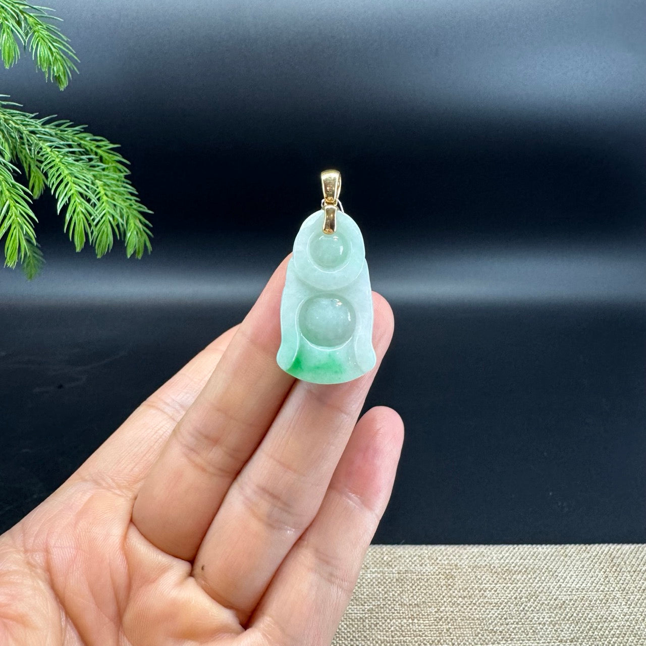 14K Yellow Gold Burmese White Green(BDQ) Jadeite Jade Happy Buddha Pendant