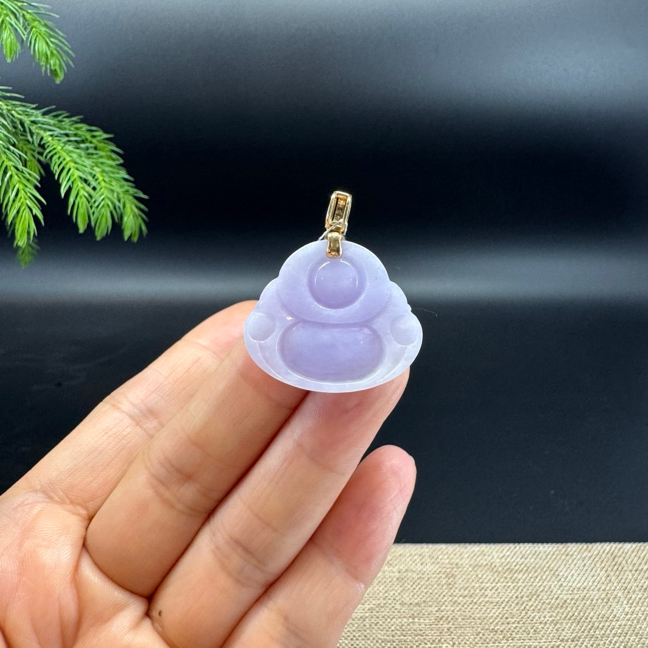 14K Yellow Gold Burmese Lavender Jadeite Jade Happy Buddha Pendant