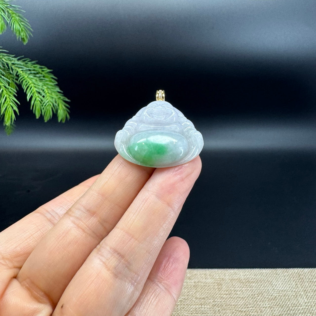 14K Yellow Gold Burmese White Green Jadeite Jade Happy Buddha Pendant with Diamonds