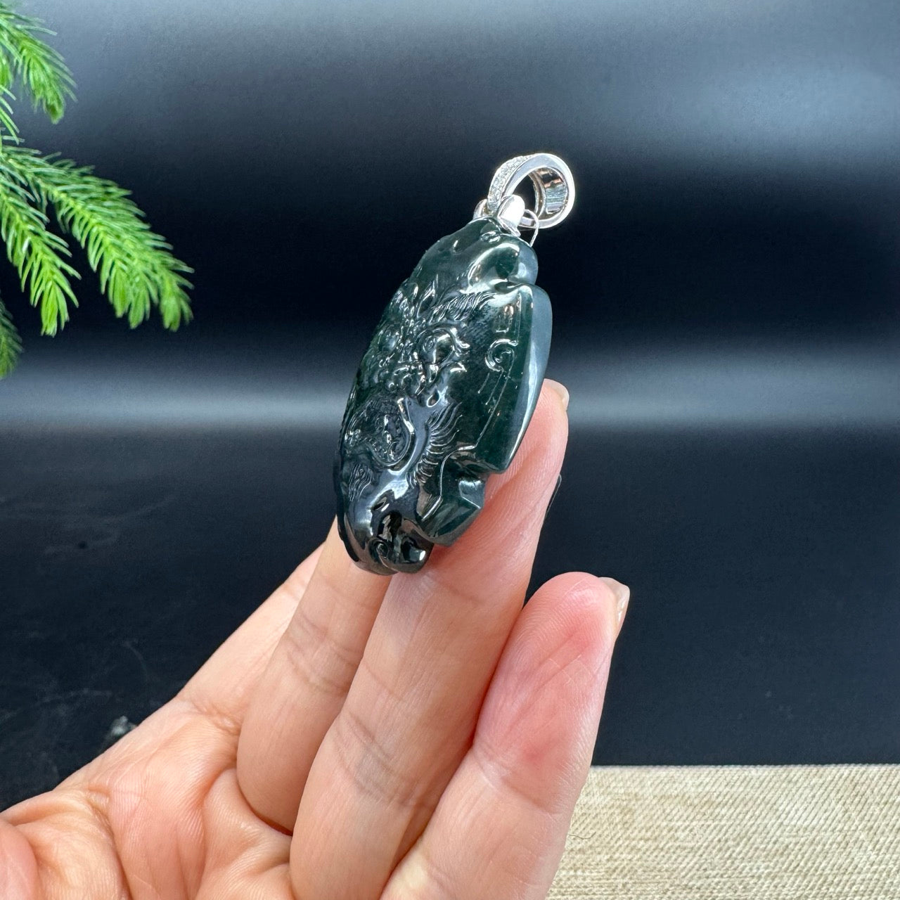RealJade® Co. Guatemalan Platium Ink Green Jadeite Jade "Fu Dog"Pendant Necklace With Diamonds