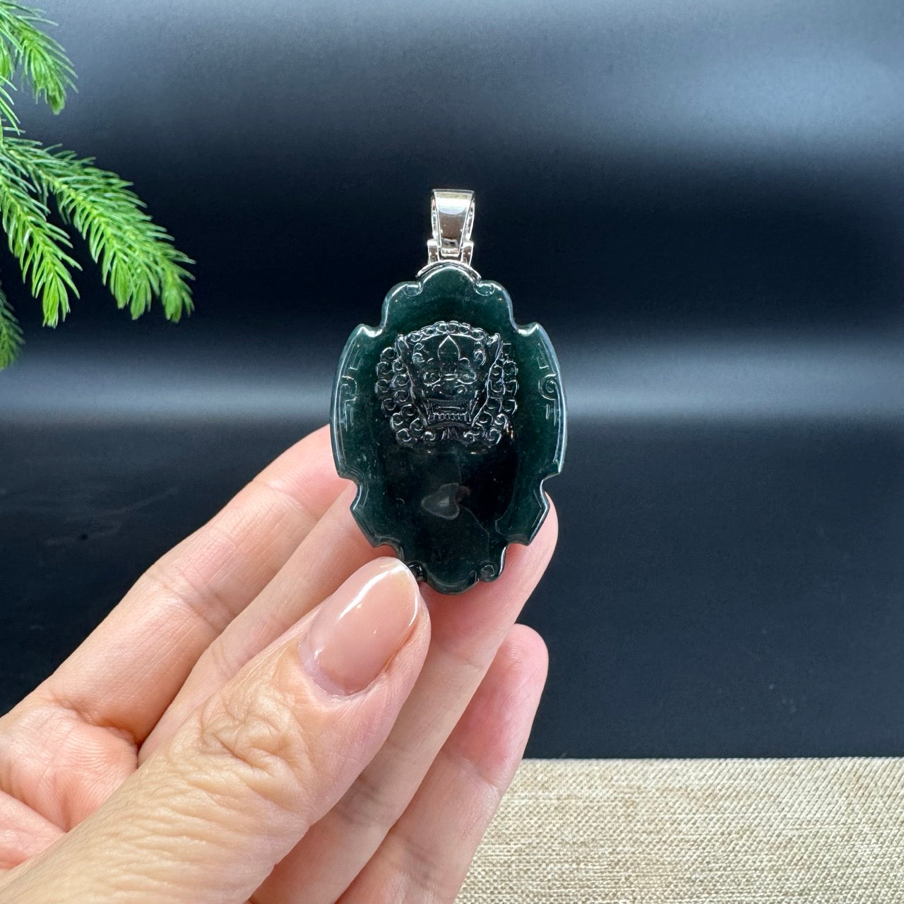 RealJade® Co. Guatemalan Platium Ink Green Jadeite Jade "Fu Dog"Pendant Necklace With Diamonds