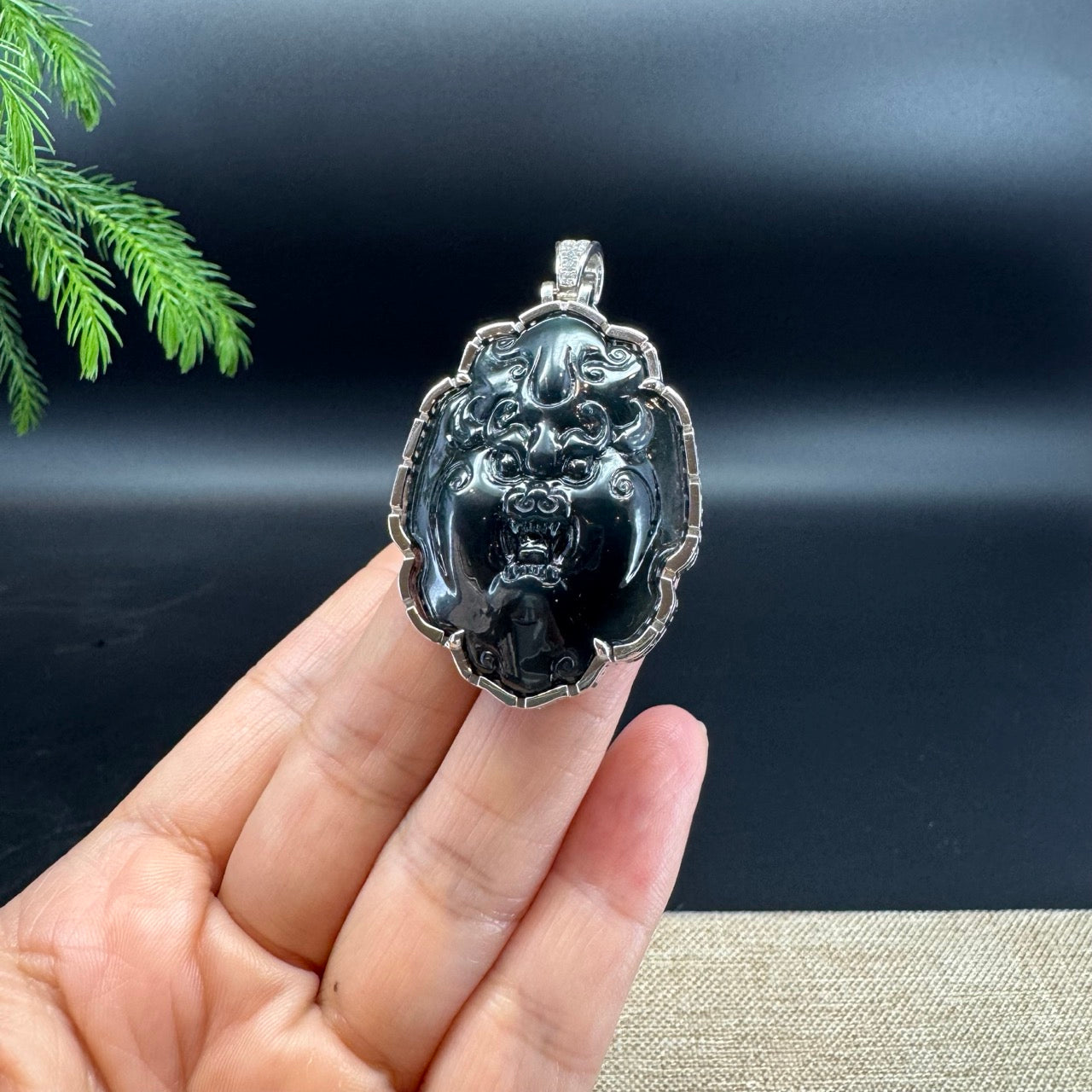 RealJade® Co. Guatemalan Platinum Black Jadeite Jade "Fu Dog"Pendant Necklace