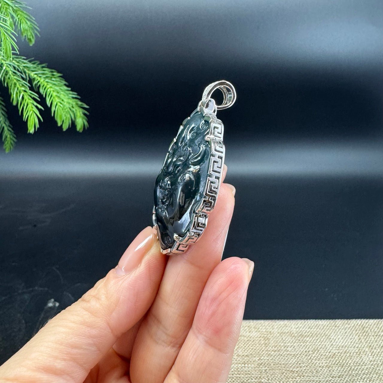 RealJade® Co. Guatemalan Platinum Black Jadeite Jade "Fu Dog"Pendant Necklace