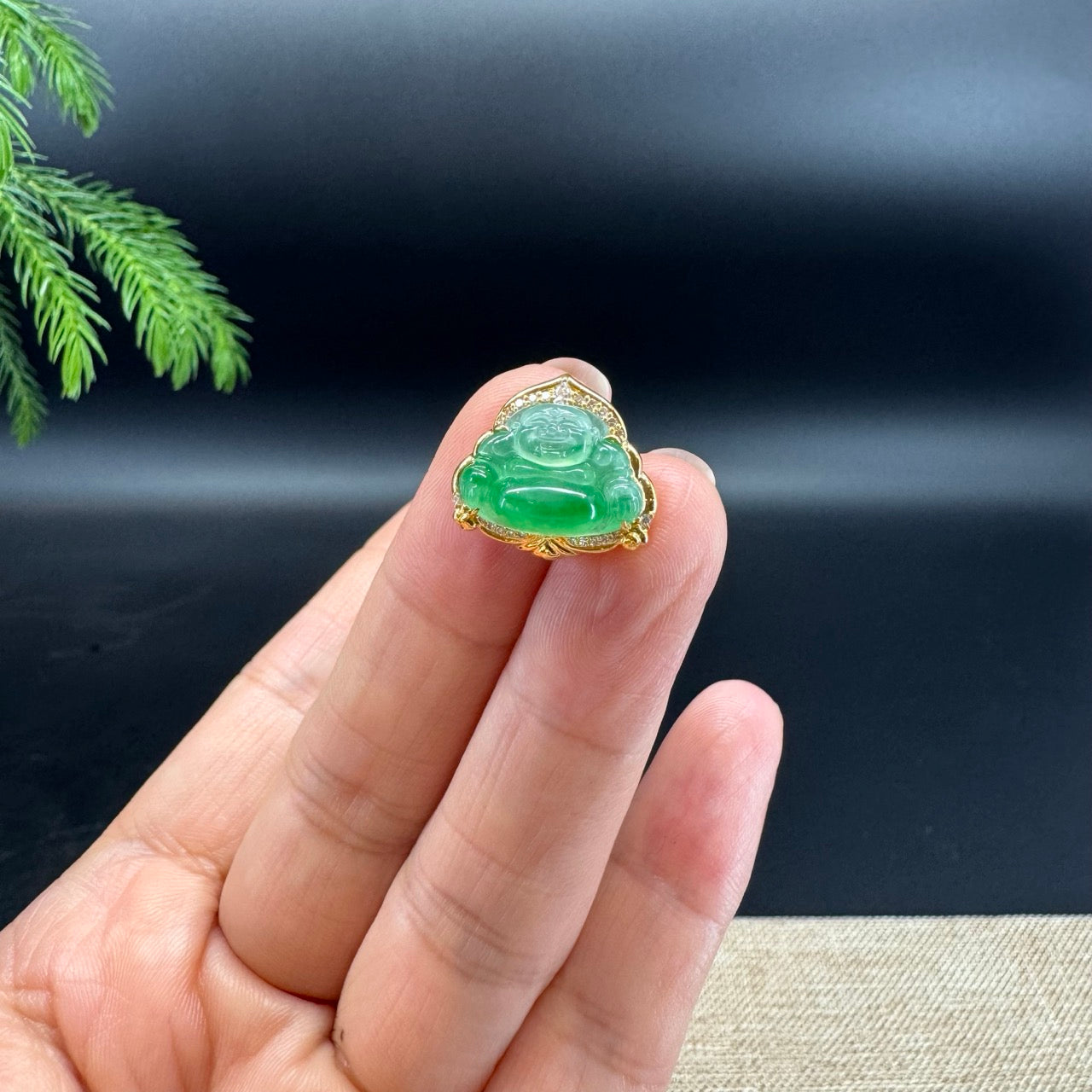 18K Yellow Gold Burmese Icy Green Jadeite Jade Mini Happy Buddha Pendant
