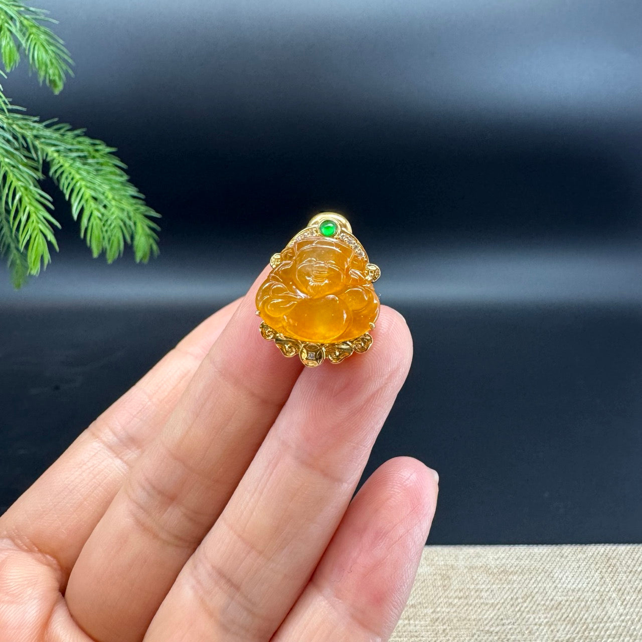 Burmese Honey Yellow Jadeite Jade Mini Money Saint Pendant With 18K Yellow Gold Diamonds Bail