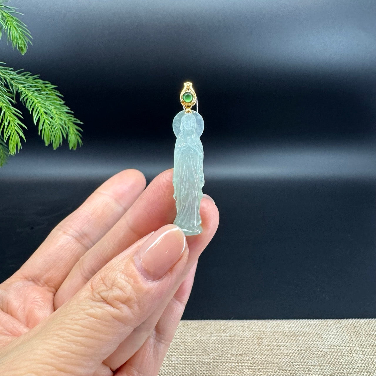 RealJade® 18K Yellow Gold Genuine Icy Green Jadeite Jade Mother Mary Pendant Necklace