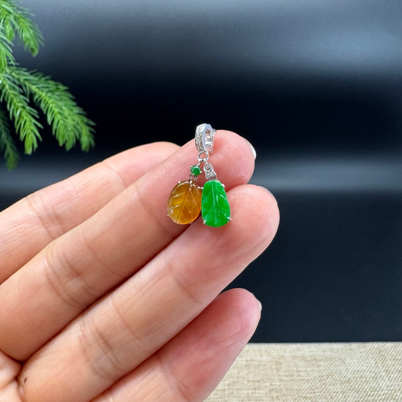 RealJade® Co. 18K White Gold Genuine Yellow & Green Jadeite Jade Mini Leaf Necklace