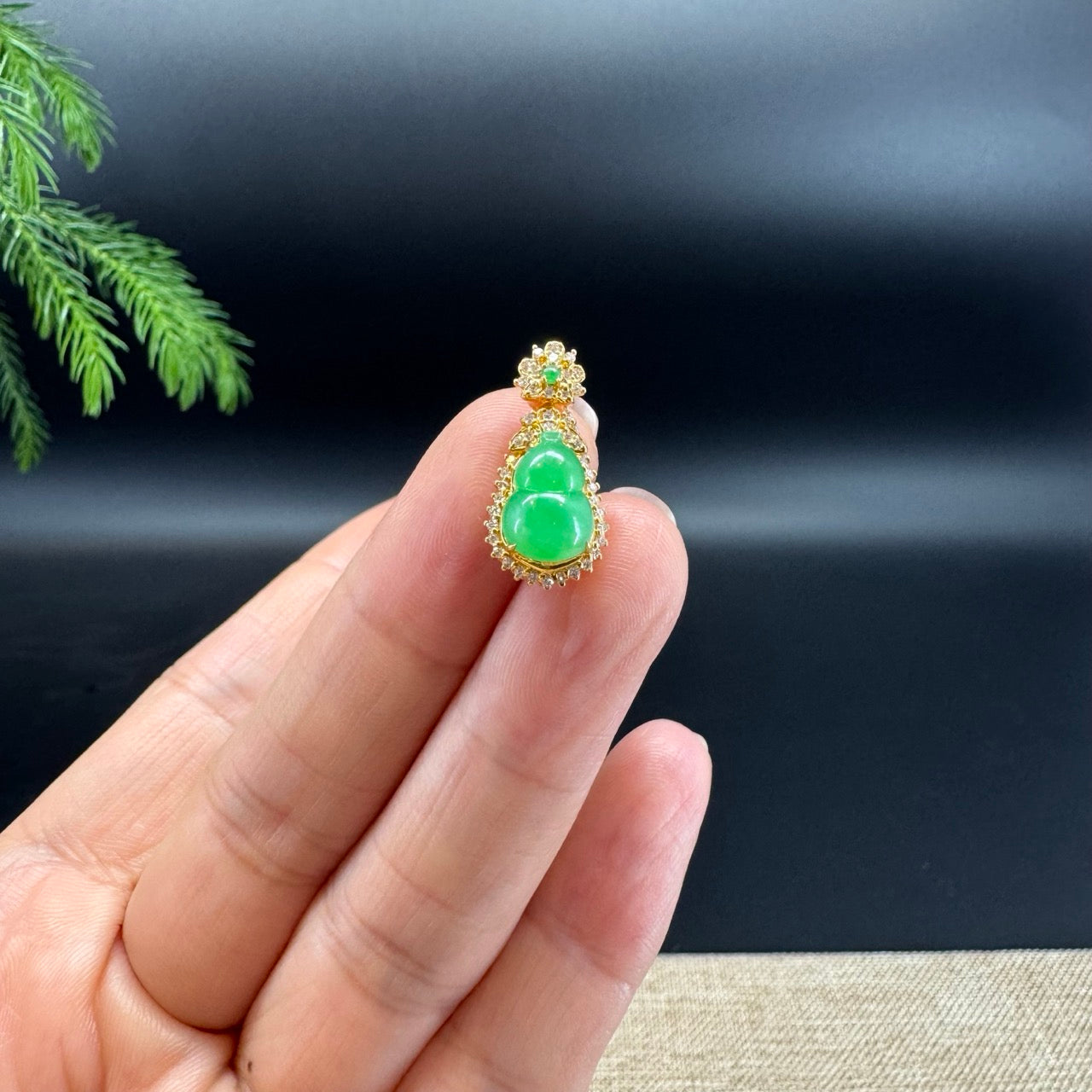 Genuine Green Jadeite Jade Mini Hulu Necklace With 18K Yellow Gold Diamonds Bail