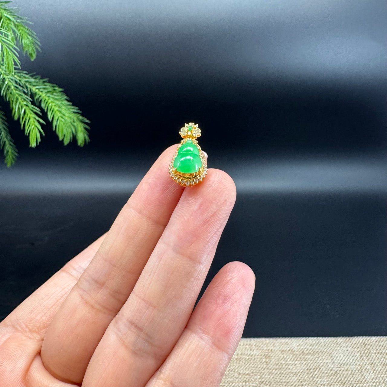 Genuine Green Jadeite Jade Mini Hulu Necklace With 18K Yellow Gold Diamonds Bail