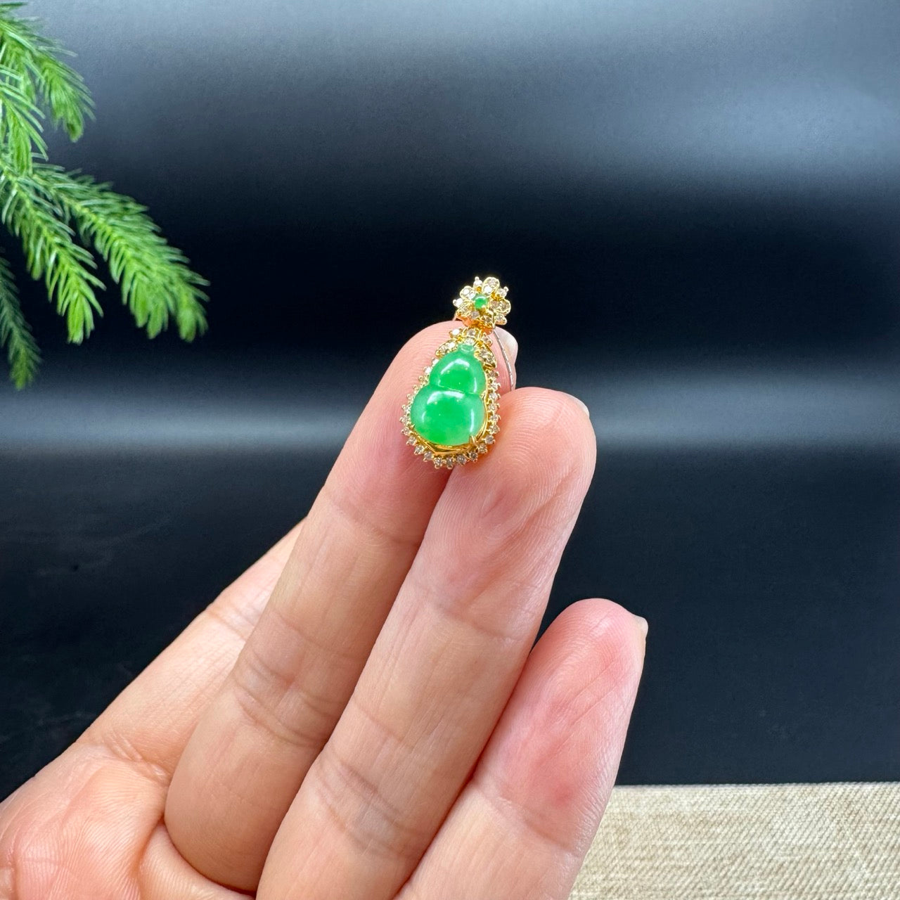 Genuine Green Jadeite Jade Mini Hulu Necklace With 18K Yellow Gold Diamonds Bail