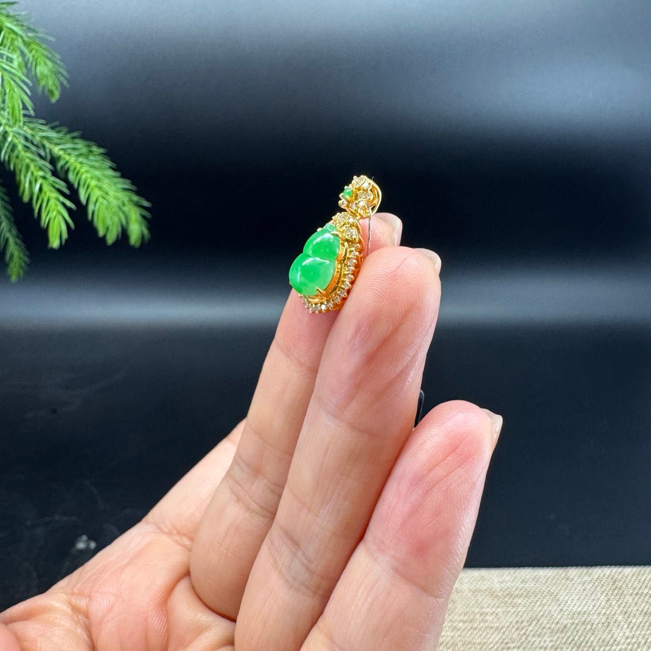 Genuine Green Jadeite Jade Mini Hulu Necklace With 18K Yellow Gold Diamonds Bail