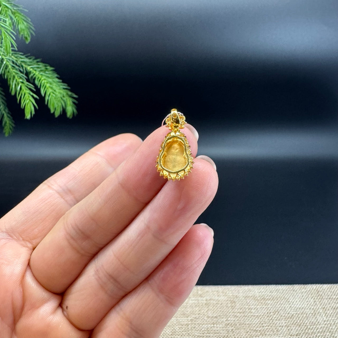 Genuine Green Jadeite Jade Mini Hulu Necklace With 18K Yellow Gold Diamonds Bail