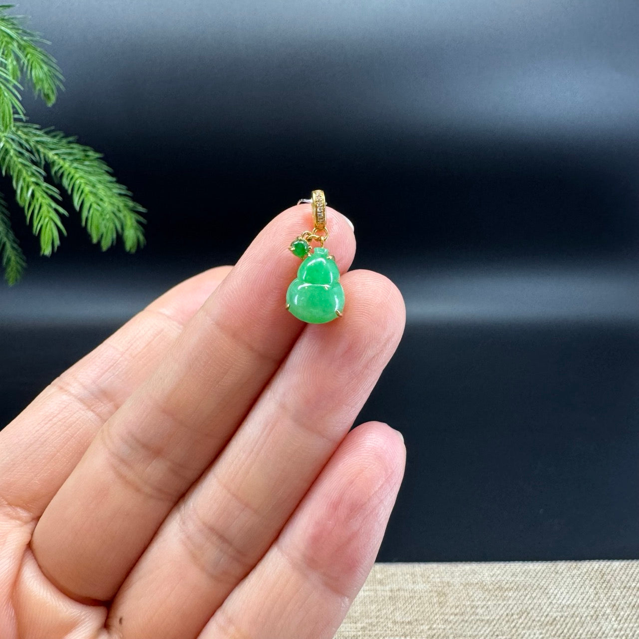 RealJade® Co. Genuine Green Jadeite Jade Mini Hulu Necklace With 18K Yellow Gold Bail