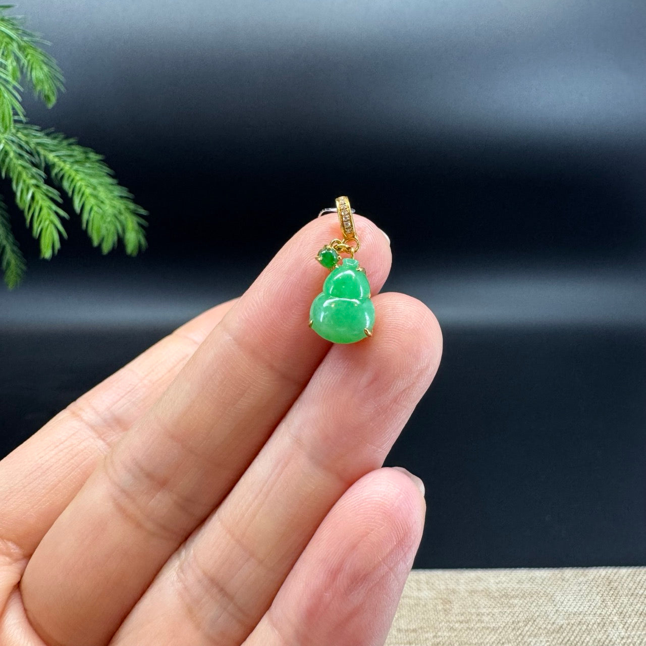 RealJade® Co. Genuine Green Jadeite Jade Mini Hulu Necklace With 18K Yellow Gold Bail